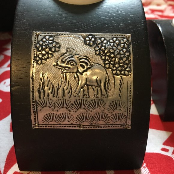 Vintage 90s Elephant Stamped Metal Wooden Space Saver Candle Holders - Picture 6 of 11